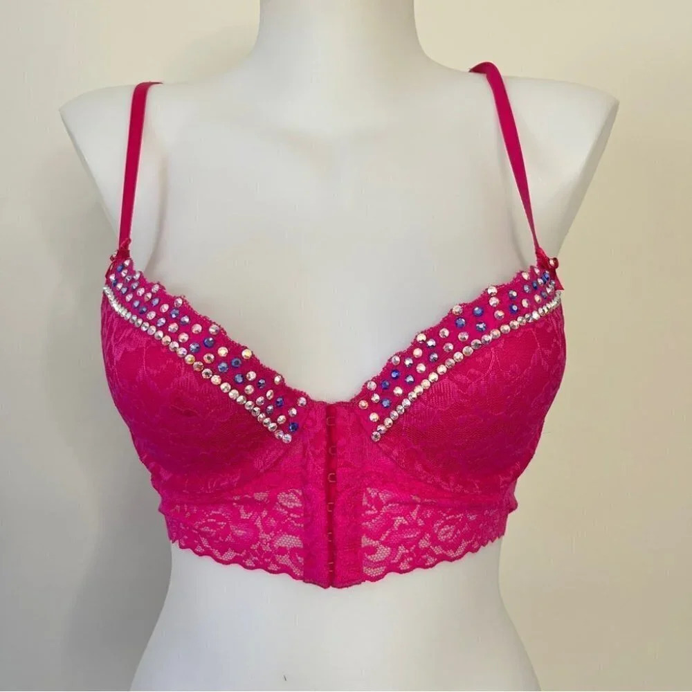 La Senza Bralette Bustier Corset Pink Lace Bra Top Bedazzled Stretch Sexy Sz M